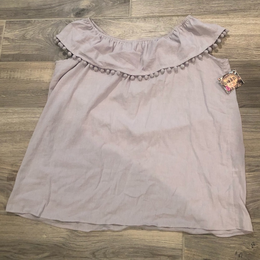 Grey off the shoulder pompom top
